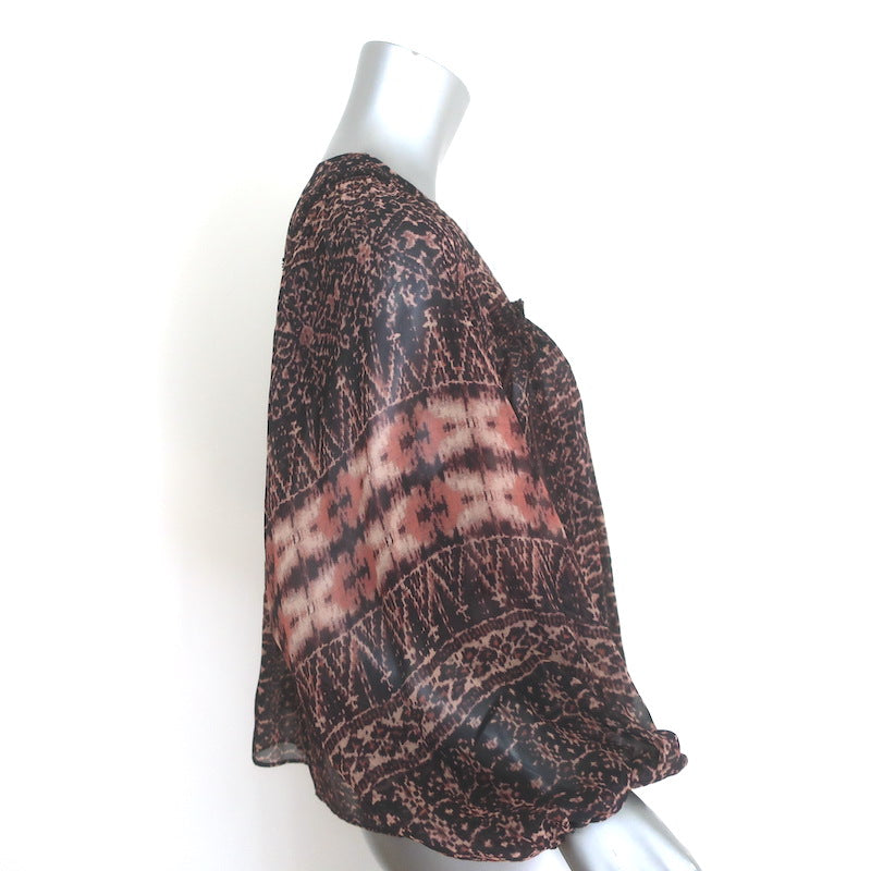 Ulla Johnson Belen Blouson-Sleeve Top Black/Brown Printed Silk Chiffon Size 0