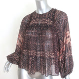 Ulla Johnson Belen Blouson-Sleeve Top Black/Brown Printed Silk Chiffon Size 0