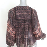 Ulla Johnson Belen Blouson-Sleeve Top Black/Brown Printed Silk Chiffon Size 0