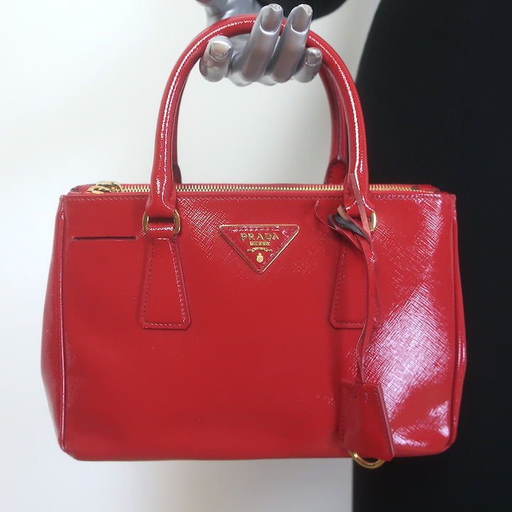 Prada Galleria Small Double-Zip Tote Red Saffiano Patent Leather Crossbody