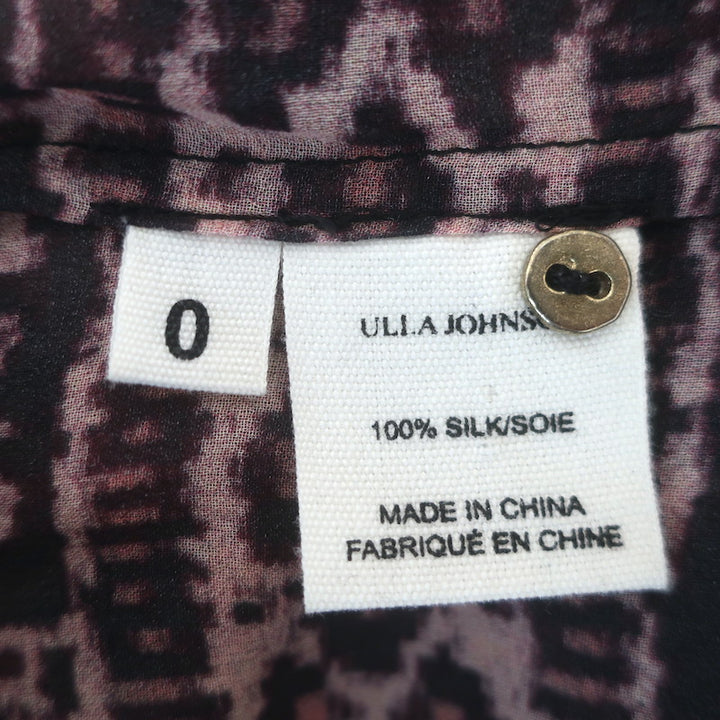 Ulla Johnson Belen Blouson-Sleeve Top Black/Brown Printed Silk Chiffon Size 0