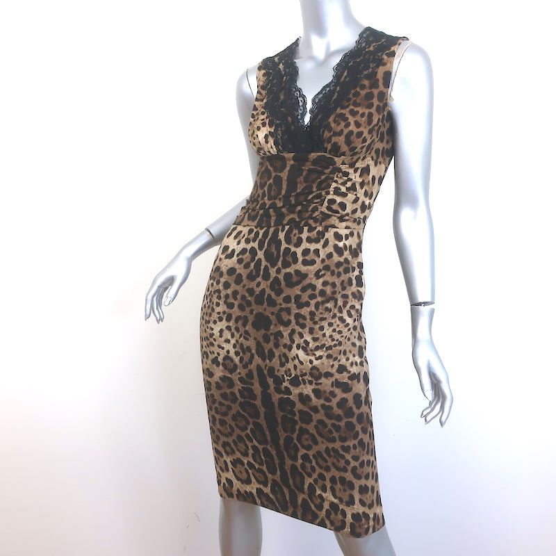 Dolce &amp; Gabbana Lace-Trimmed Leopard Print Crepe Size 40 Sleeveless Sheath