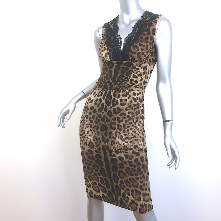 Dolce &amp; Gabbana Lace-Trimmed Leopard Print Crepe Size 40 Sleeveless Sheath