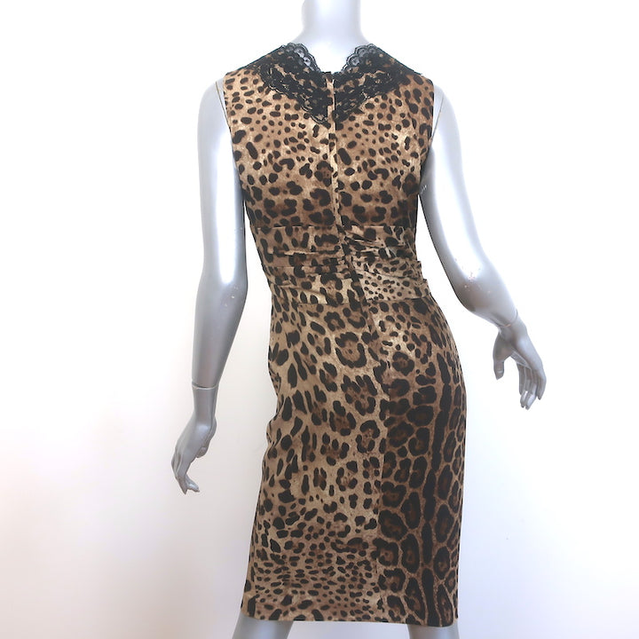 Dolce &amp; Gabbana Lace-Trimmed Leopard Print Crepe Size 40 Sleeveless Sheath