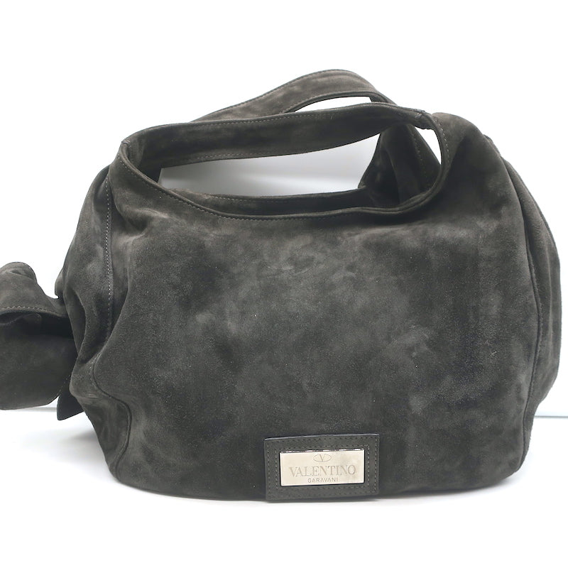 Valentino Nuage Bow Tote Very Dark Brownish Gray Suede Medium Shoulder Bag