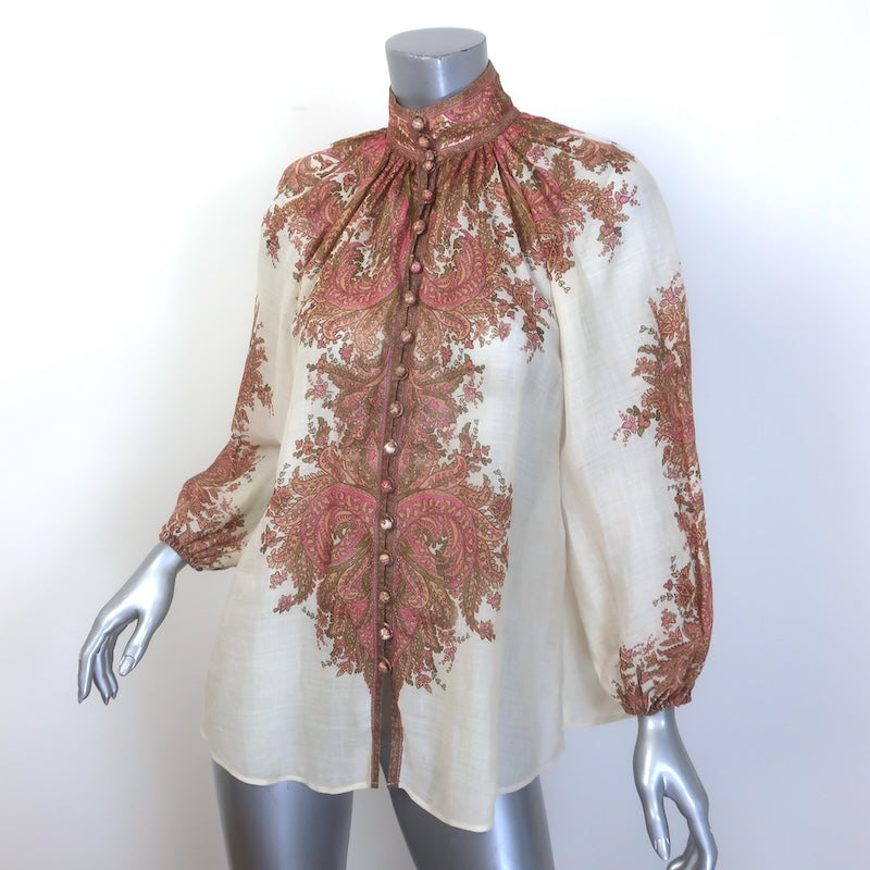 Zimmermann Brighton Button Up Blouse Ivory/Multi Paisley Print Ramie Size 0