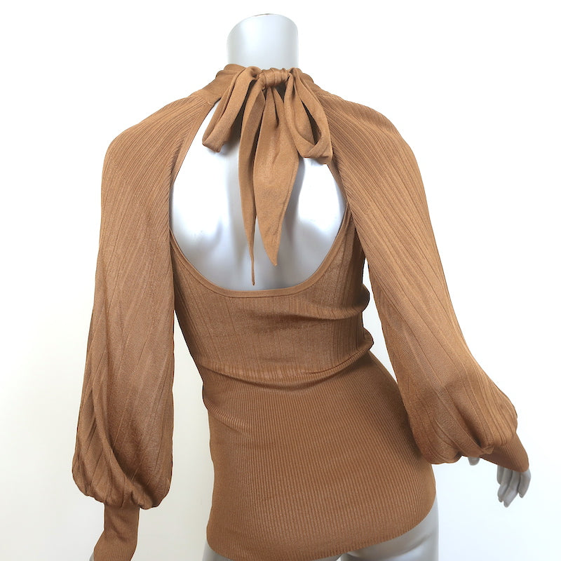 Zimmermann Open-Back Blouson Sleeve Sweater Brown Ribbed Knit Size 0