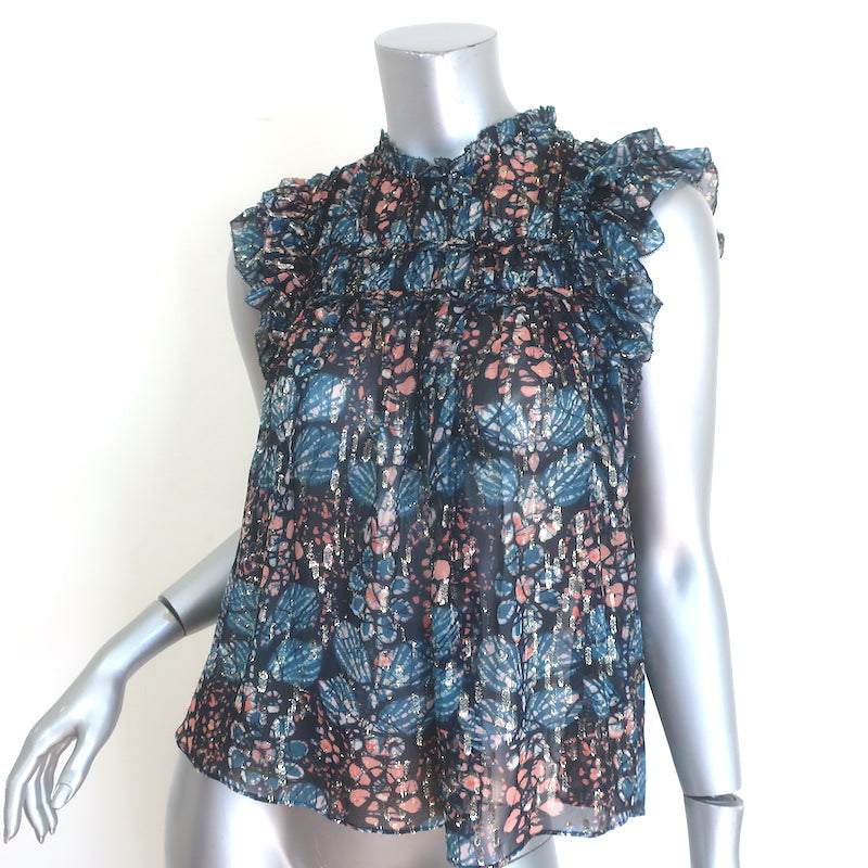 Ulla Johnson Nicola Ruffled Sleeveless Top Indigo Lurex Printed Chiffon Size 2