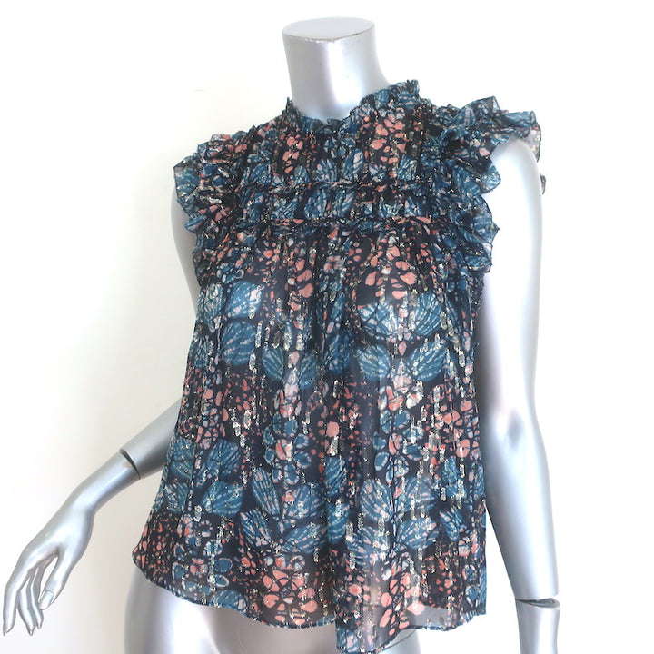 Ulla Johnson Nicola Ruffled Sleeveless Top Indigo Lurex Printed Chiffon Size 2
