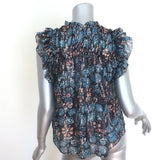Ulla Johnson Nicola Ruffled Sleeveless Top Indigo Lurex Printed Chiffon Size 2