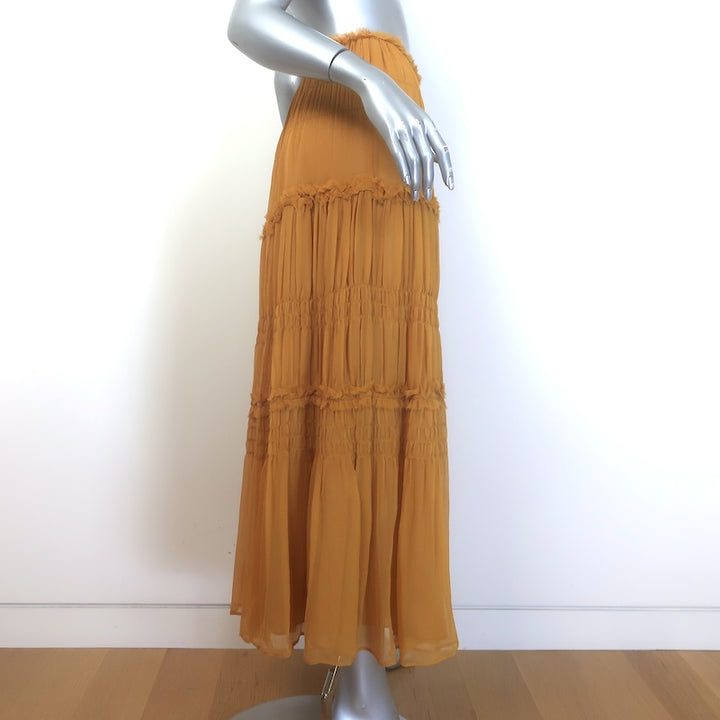 Ulla Johnson Virginie Ruffle-Trimmed Midi Skirt Mustard Crinkled Silk Crepon Size 0