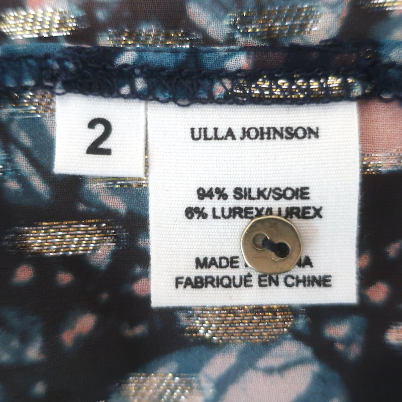 Ulla Johnson Nicola Ruffled Sleeveless Top Indigo Lurex Printed Chiffon Size 2