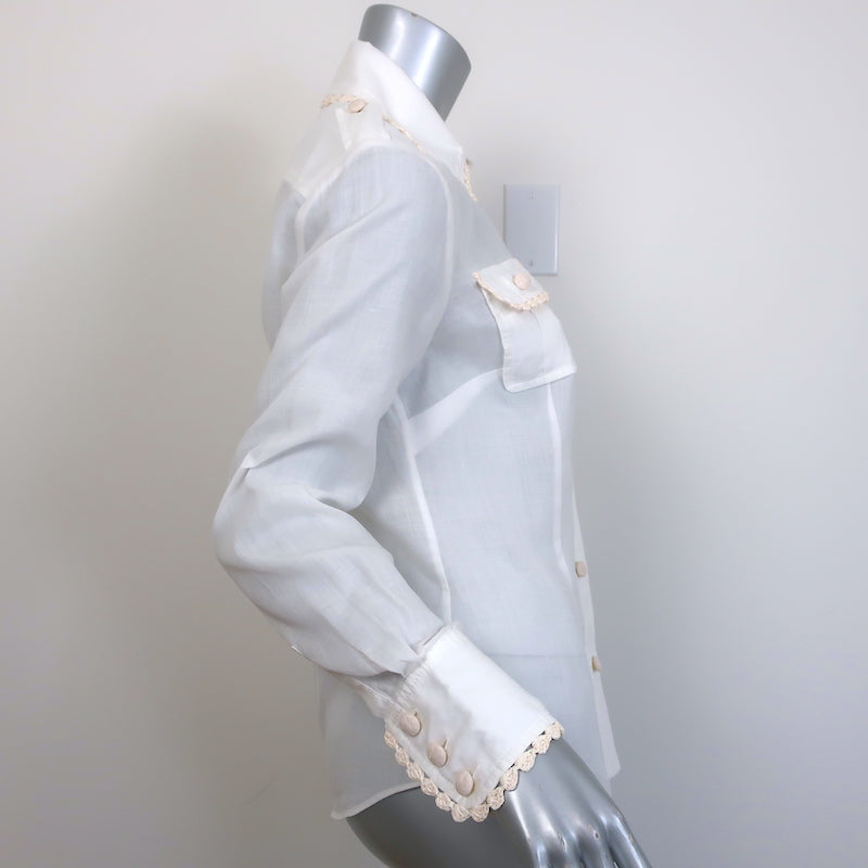 Zimmermann Crochet-Trimmed Button Down Shirt Cream Ramie Size 1 Long Sleeve Top