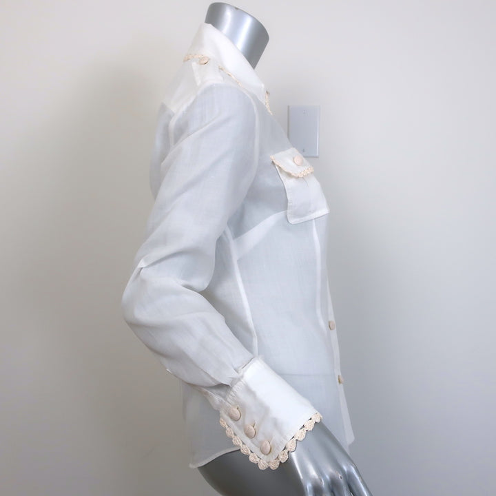 Zimmermann Crochet-Trimmed Button Down Shirt Cream Ramie Size 1 Long Sleeve Top