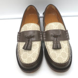 Gucci Kaveh GG Supreme Tassel Loafers Brown Leather & Beige Canvas Size 38