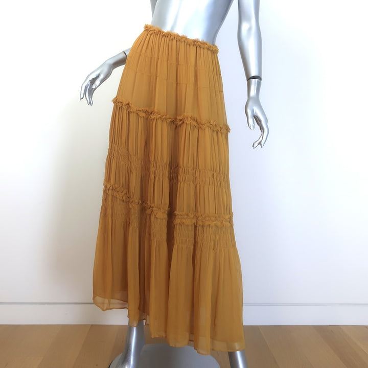 Ulla Johnson Virginie Ruffle-Trimmed Midi Skirt Mustard Crinkled Silk Crepon Size 0