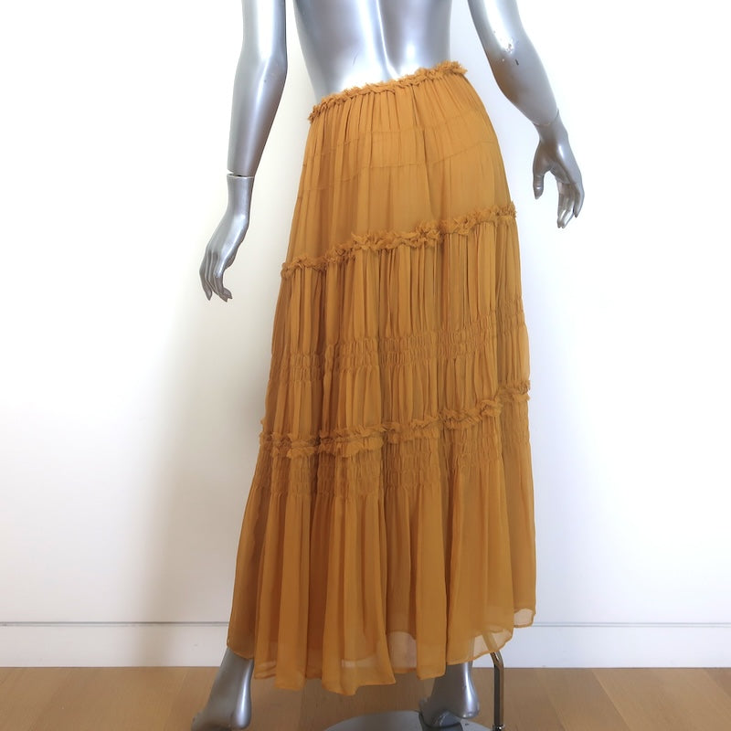 Ulla Johnson Virginie Ruffle-Trimmed Midi Skirt Mustard Crinkled Silk Crepon Size 0
