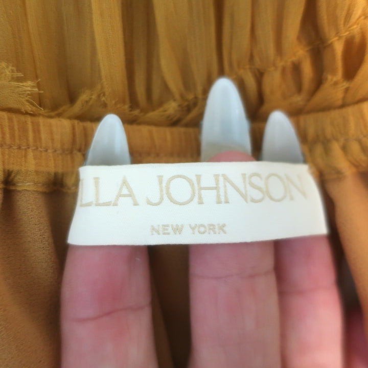 Ulla Johnson Virginie Ruffle-Trimmed Midi Skirt Mustard Crinkled Silk Crepon Size 0