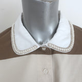 Sandro Federica Faux Pearl-Trim Striped Rugby Shirt Taupe/Ecru Size 0