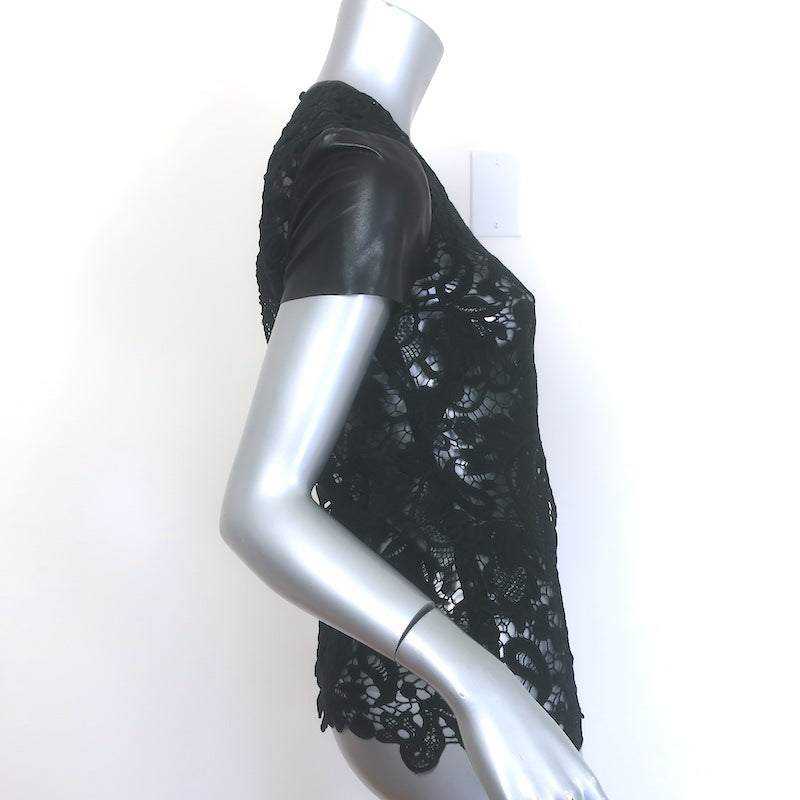 Ralph Lauren Black Label Lana Leather-Sleeve Lace Top Black Size 2