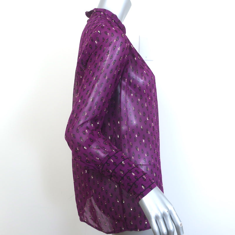 Ba&amp;sh Cabri Blouse Violet Printed Metallic Fil Coupe Chiffon Size Extra Small