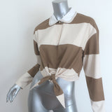 Sandro Federica Faux Pearl-Trim Striped Rugby Shirt Taupe/Ecru Size 0