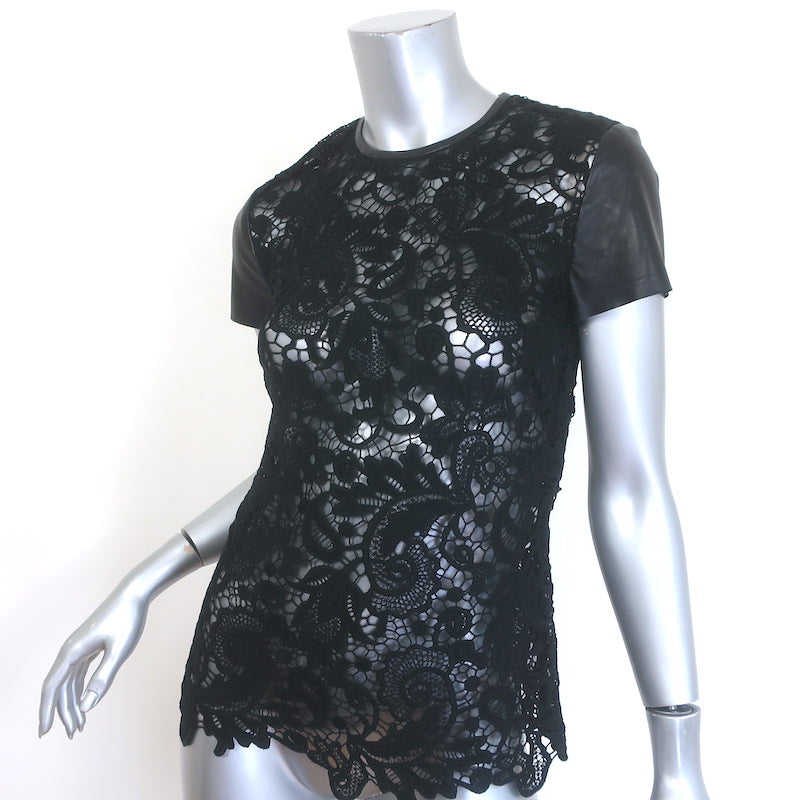 Ralph Lauren Black Label Lana Leather-Sleeve Lace Top Black Size 2