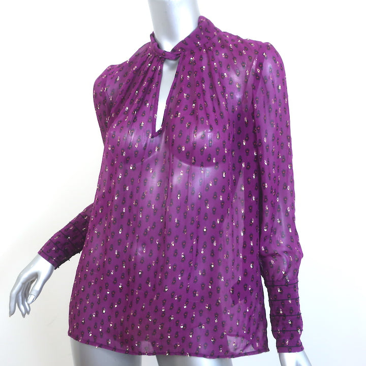 Ba&amp;sh Cabri Blouse Violet Printed Metallic Fil Coupe Chiffon Size Extra Small