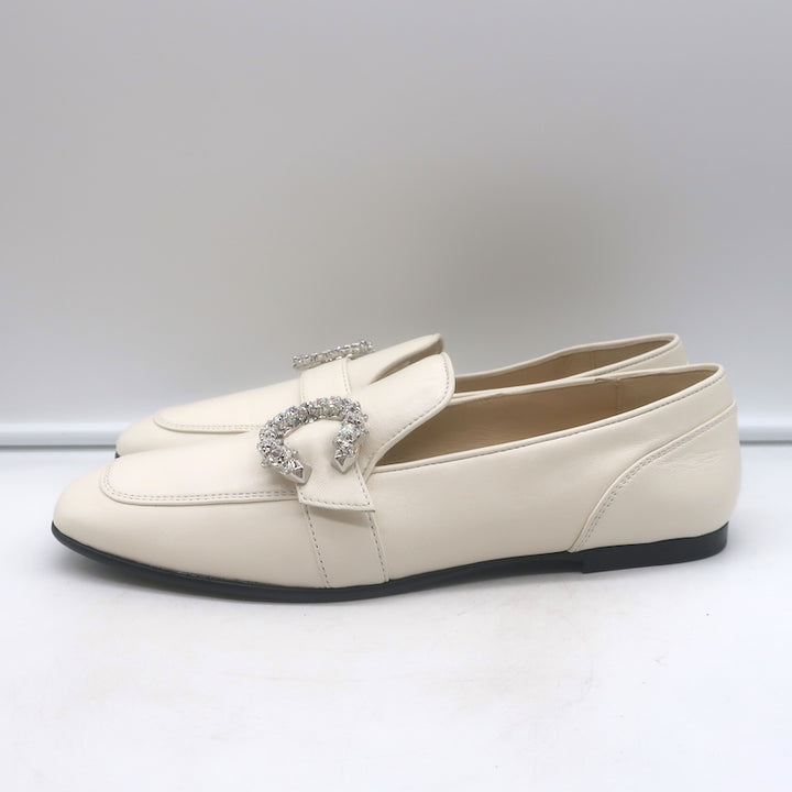 Jimmy Choo Mani Crystal-Buckle Loafers Cream Leather Size 38
