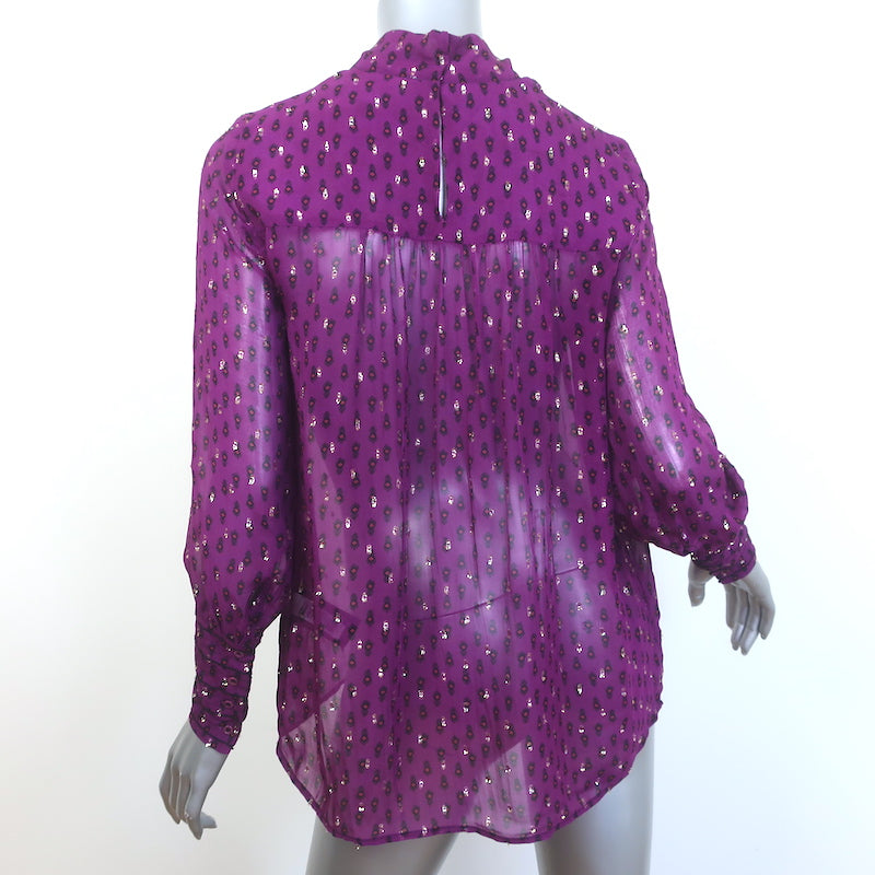 Ba&amp;sh Cabri Blouse Violet Printed Metallic Fil Coupe Chiffon Size Extra Small