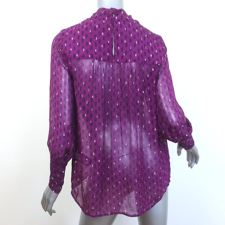 Ba&amp;sh Cabri Blouse Violet Printed Metallic Fil Coupe Chiffon Size Extra Small