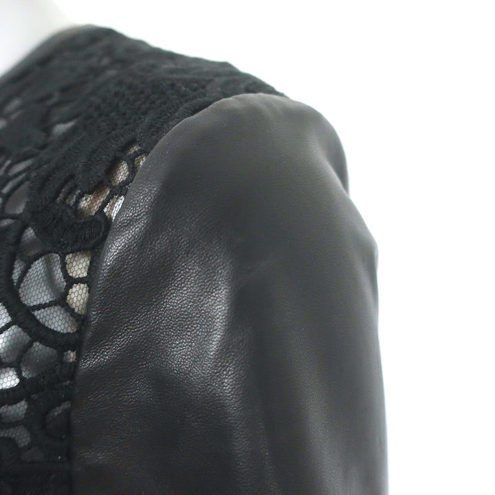 Ralph Lauren Black Label Lana Leather-Sleeve Lace Top Black Size 2