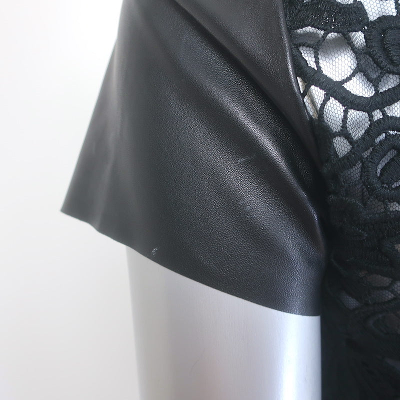 Ralph Lauren Black Label Lana Leather-Sleeve Lace Top Black Size 2