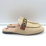Gucci Charlotte Princetown Horsebit Web Mules Beige Canvas Size 38