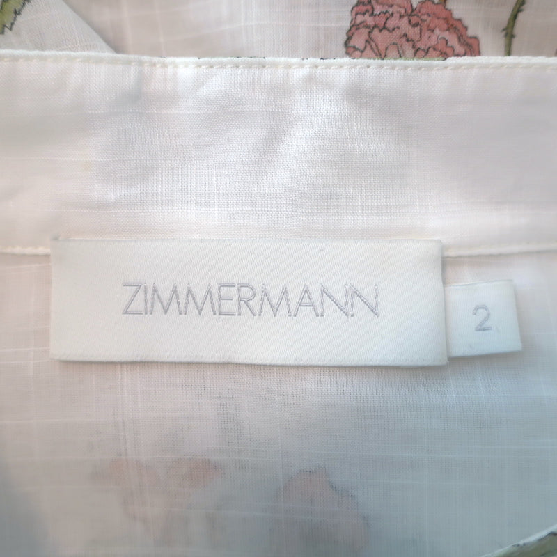 Zimmermann Jeannie Scalloped Puff Sleeve Blouse White Floral Print Cotton Size 2