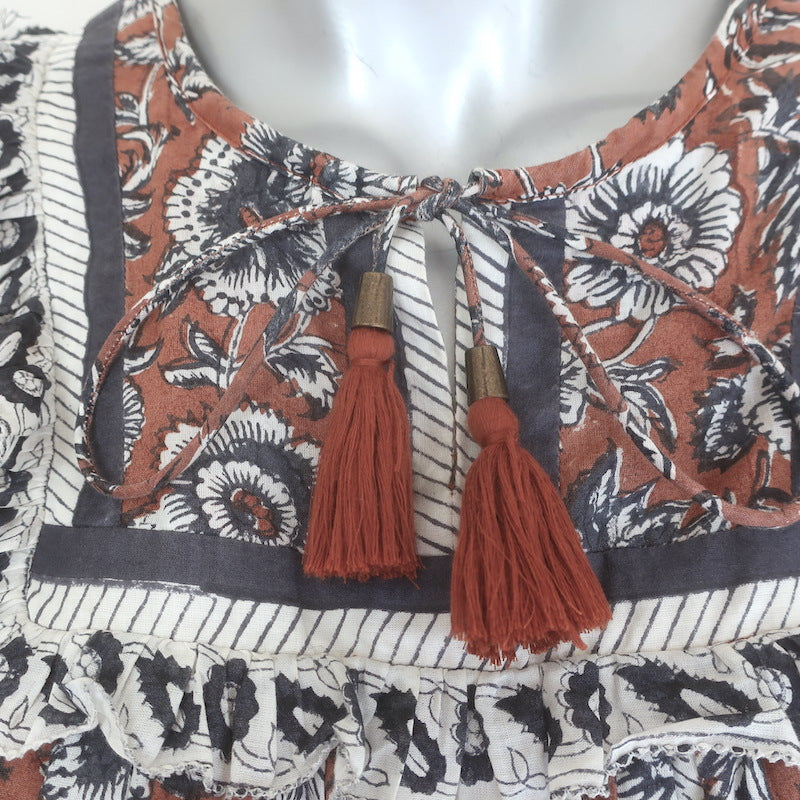 Cleobella Amy Tassel-Tie Blouse Sienna Block Print Cotton Size Extra Small