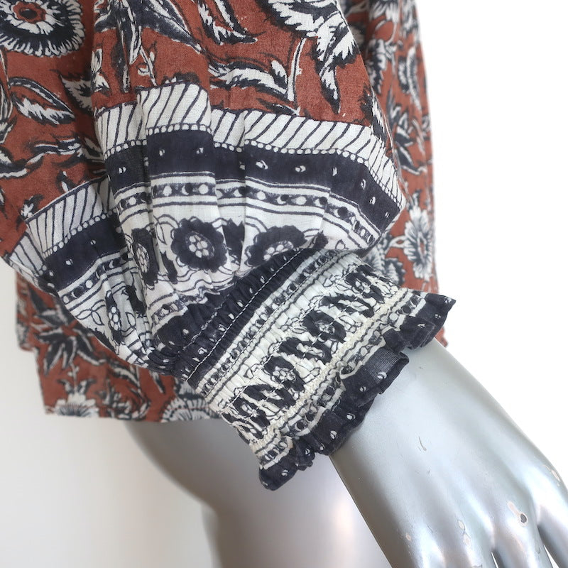 Cleobella Amy Tassel-Tie Blouse Sienna Block Print Cotton Size Extra Small