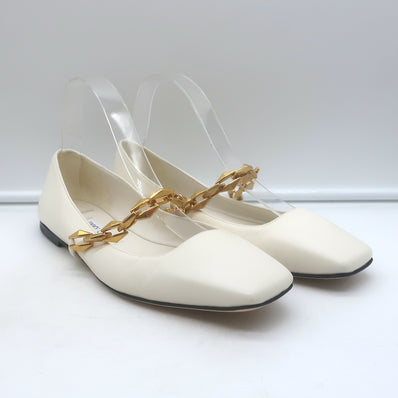 Jimmy Choo Diamond Tilda Chain-Strap Ballet Flats Cream Leather Size 38.5
