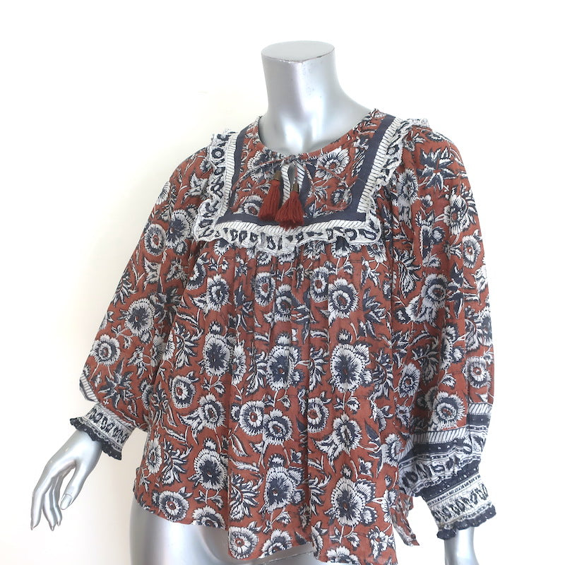 Cleobella Amy Tassel-Tie Blouse Sienna Block Print Cotton Size Extra Small