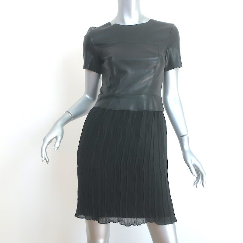 Drew Short Sleeve Dress Black Faux Leather & Pleated Crepe Size 4 Drew Short Sleeve Dress Black Faux Leather & Pleated Crepe Size 4