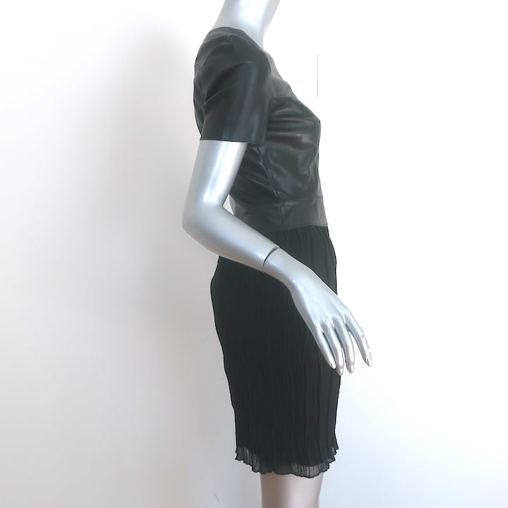 Drew Short Sleeve Dress Black Faux Leather &amp; Pleated Crepe Size 4
