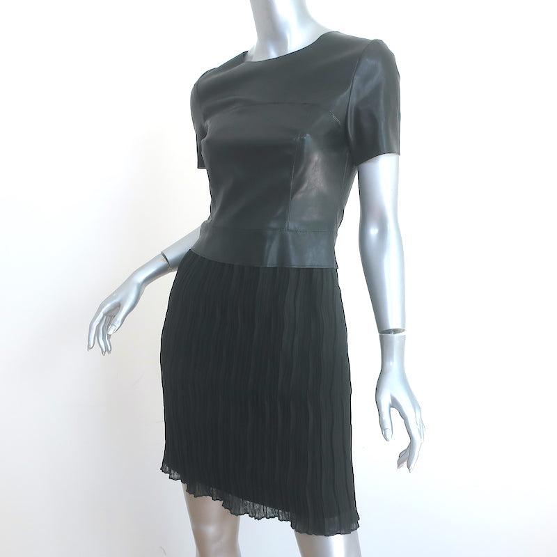 Drew Short Sleeve Dress Black Faux Leather &amp; Pleated Crepe Size 4