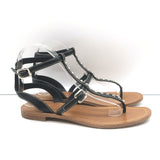 Prada Studded T-Strap Flat Sandals Black Leather Size 38