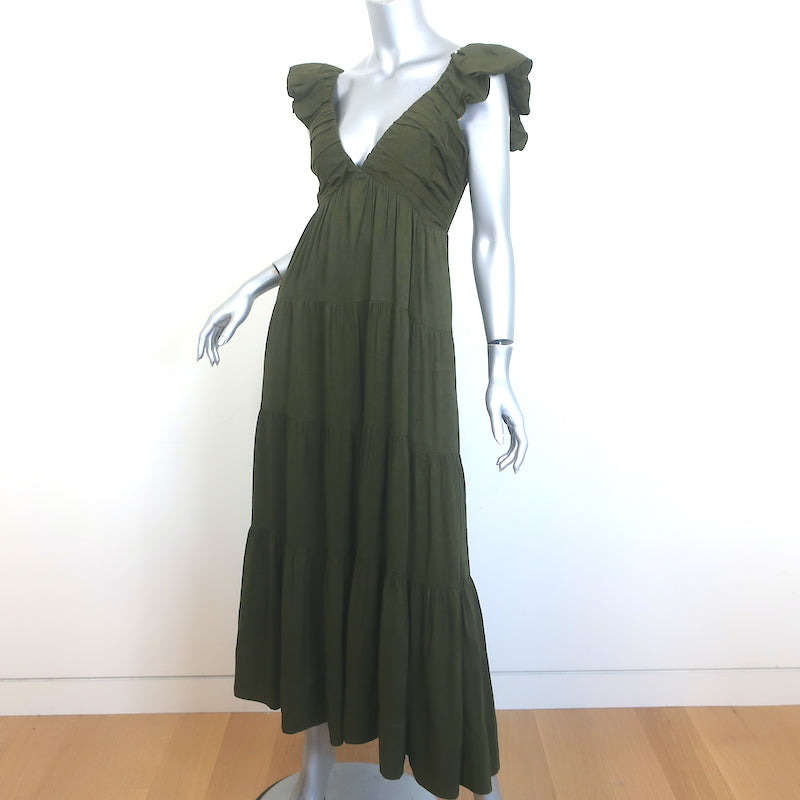 La Ligne Anais Tiered Maxi Dress Olive Linen-Blend Size Small