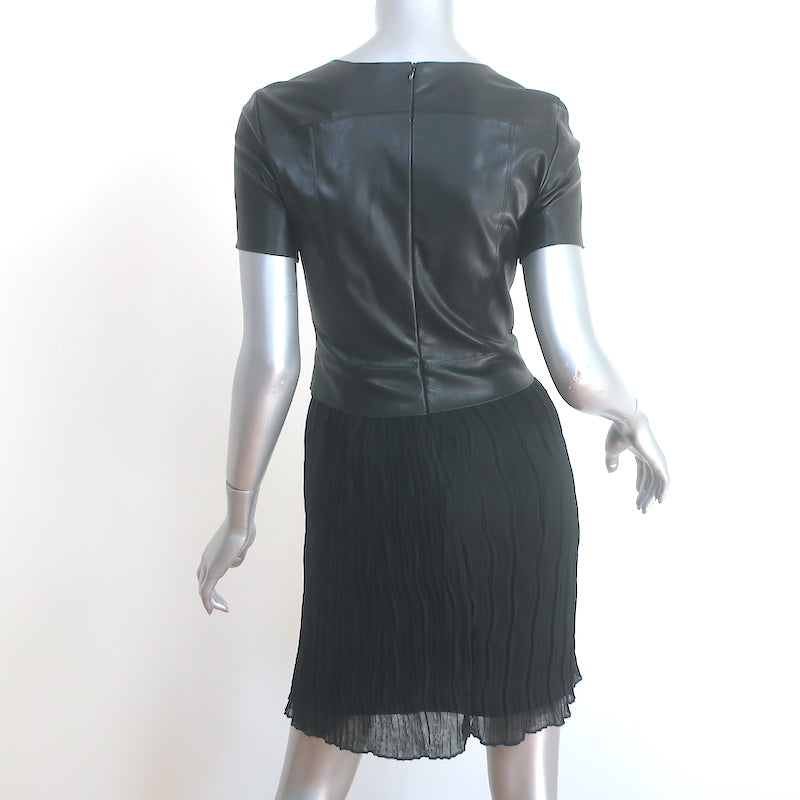 Drew Short Sleeve Dress Black Faux Leather &amp; Pleated Crepe Size 4