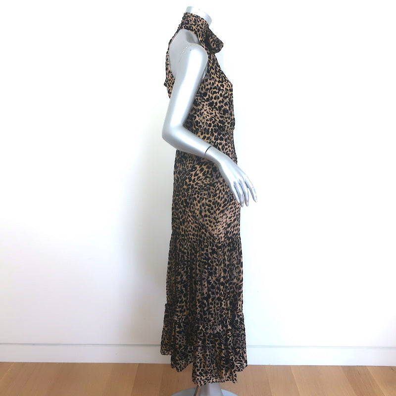 RIXO Eleanor Leopard Burnout Chiffon Midi Dress Brown Silk-Blend Size Small