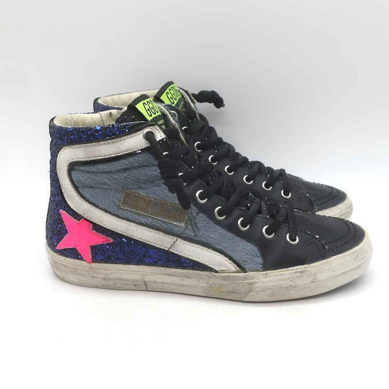 Golden Goose Slide Glitter Sneakers Blue Calf Hair &amp; Black Leather Size 37