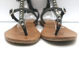 Prada Studded T-Strap Flat Sandals Black Leather Size 38
