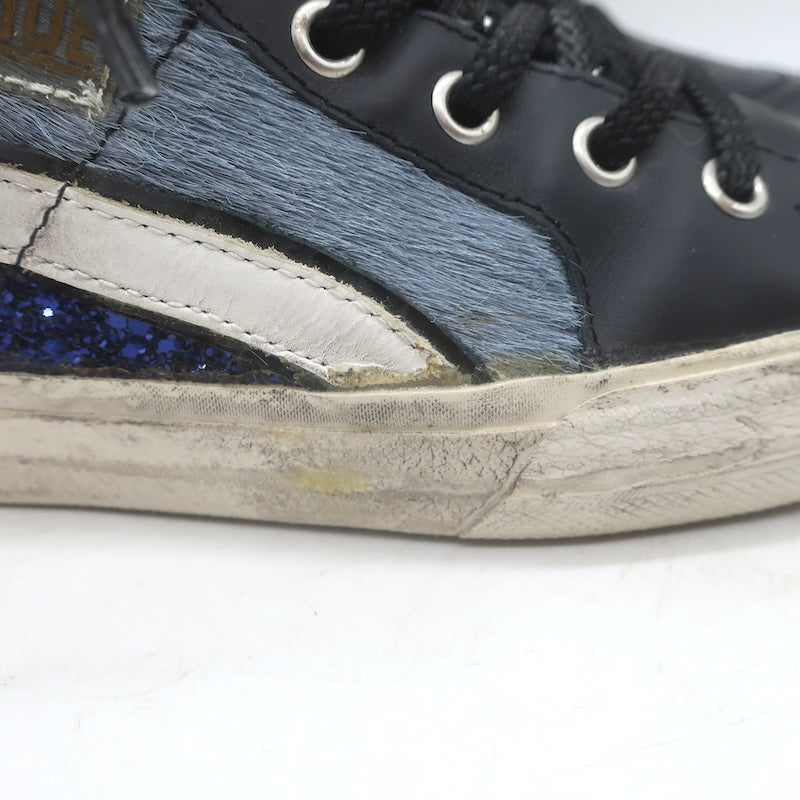 Golden Goose Slide Glitter Sneakers Blue Calf Hair &amp; Black Leather Size 37