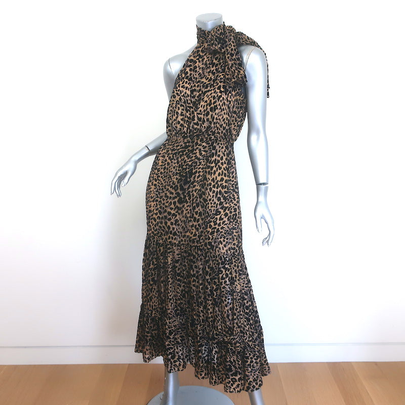 RIXO Eleanor Leopard Burnout Chiffon Midi Dress Brown Silk-Blend Size Small
